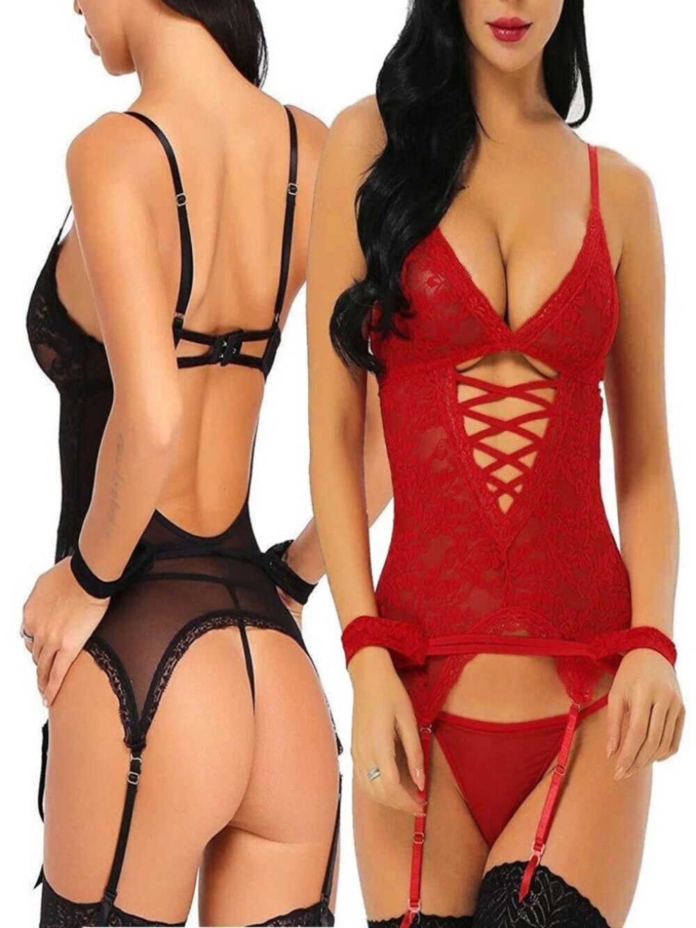 Women's Sexy Lingerie Lace Mesh Corset V-Neck Teddy Babydoll Sleepwear Thong Set - Picture 2 of 12